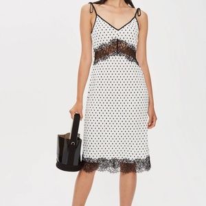 Topshop French Girl Polka Dot Plisse Lace Midi Slip Dress Sz 2